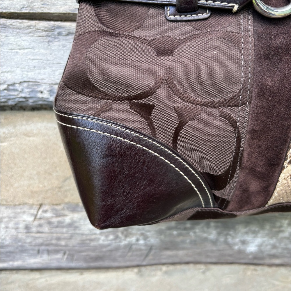 Coach Brown Signature Canvas Satchel with Snakeskin Stripe - Picture 4 of 13